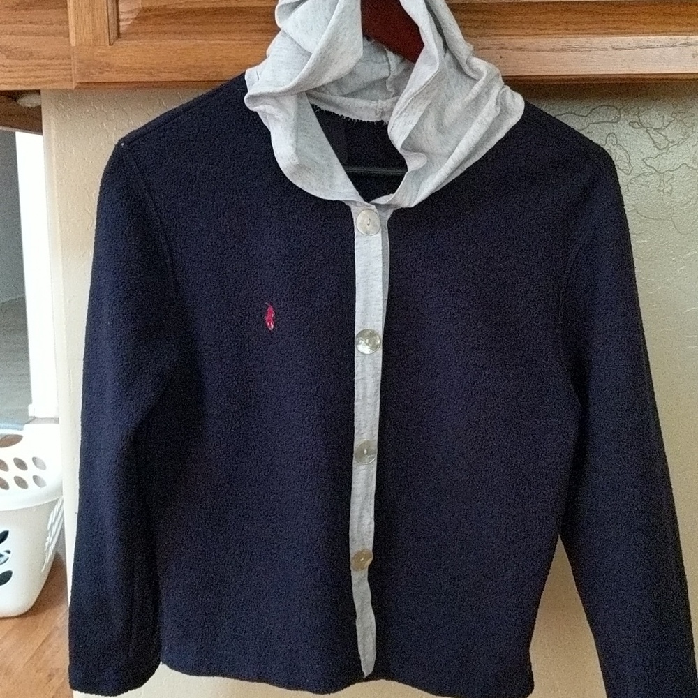 Navy Blue Hooded cotton Cardigan with White Trim